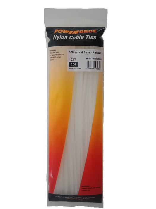 POWERFORCE Cable Tie Natural 300mm x 4.8mm Nylon Pack of 100. Made from U.L. App