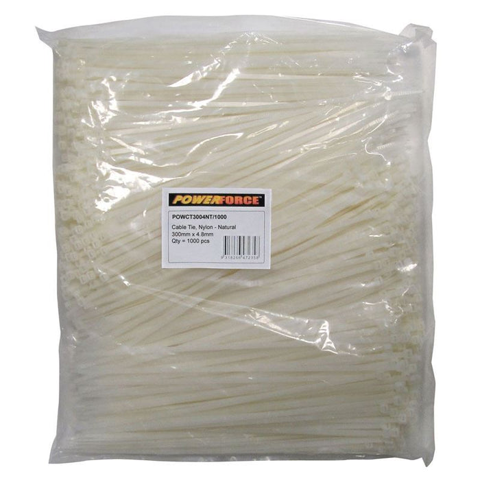 POWERFORCE Cable Tie Natural 300mm x 4.8mm Nylon Pack of 1000. Made from U.L. Ap