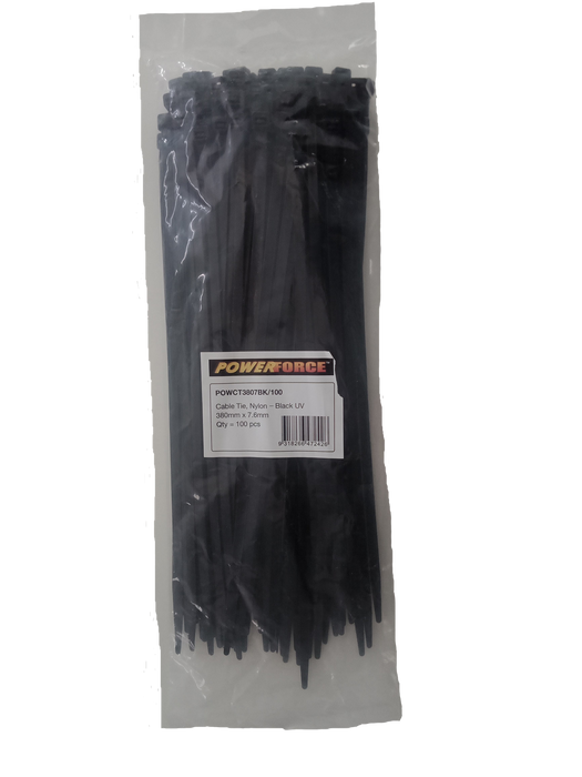 POWERFORCE Cable Tie Black UV 380mm x 7.6mm Weather Resistant Nylon. Pack of 100