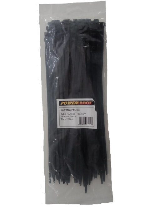 POWERFORCE Cable Tie Black UV 380mm x 7.6mm Weather Resistant Nylon. Pack of 100 - LX2001 - Homewares, Outdoor, Phone Accessories, Cases, Speakers, Headphones + More -
