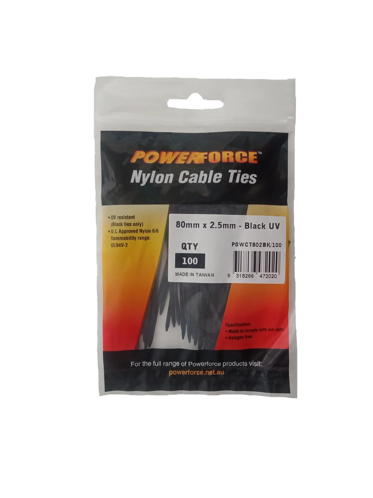 POWERFORCE Cable Tie Black UV 80mm x 2.5mm Weather Resistant Nylon. Pa ...