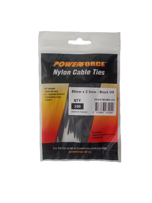 POWERFORCE Cable Tie Black UV 80mm x 2.5mm Weather Resistant Nylon. Pack of 100.