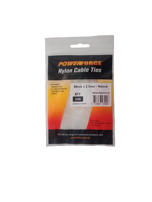 POWERFORCE Cable Tie Natural 80mm x 2.5mm Nylon Pack of 100. Made from U.L. Appr