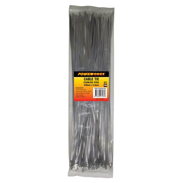 POWERFORCE Cable Tie 316SS 520mm x 4.6mm Pack of 100. Self Locking Ball-lock des