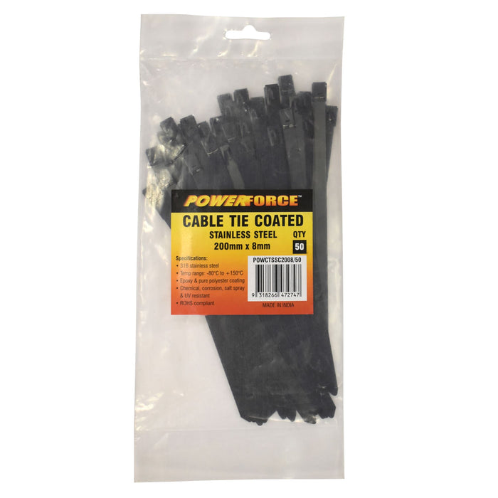 POWERFORCE Cable Tie 316SS Coated 200mm x 8mm Pack of 50. Self Locking ball-lock