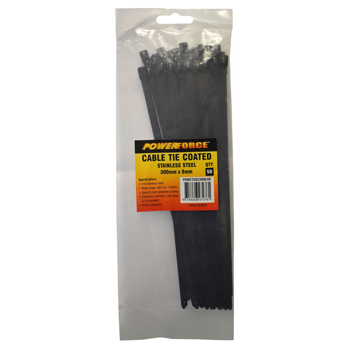 POWERFORCE Cable Tie 316SS Coated 300mm x 8mm Pack of 50. Self Locking ball-lock
