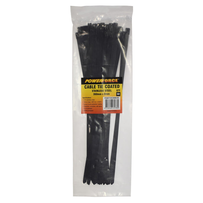 POWERFORCE Cable Tie 316SS Coated 360mm x 8mm Pack of 50. Self Locking ball-lock