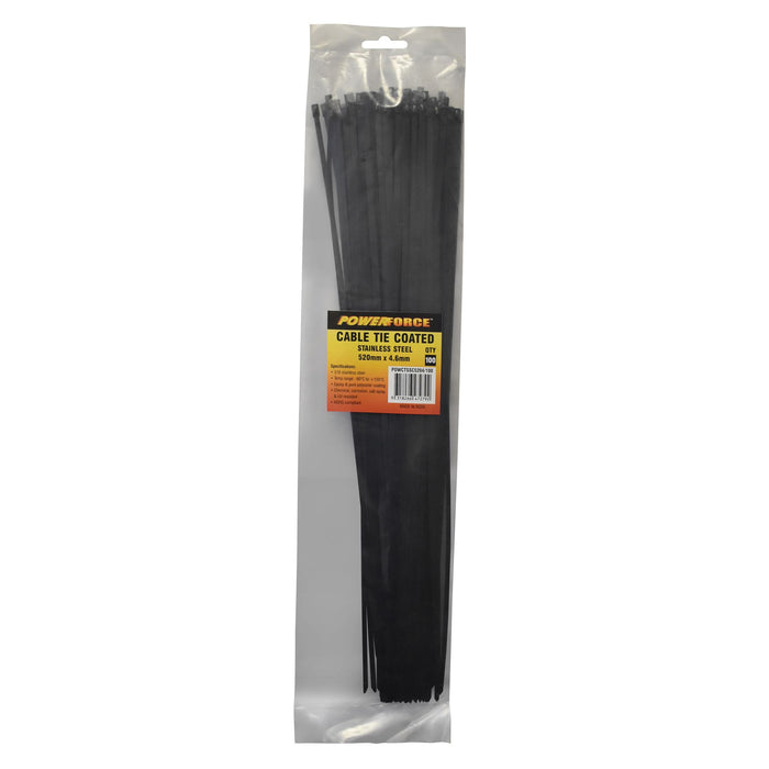 POWERFORCE Cable Tie 316SS Coated 520mm x 4.6mm Pack of 100. Self Locking ball-l