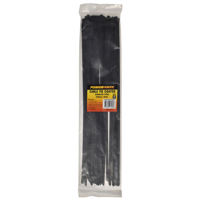 POWERFORCE Cable Tie 316SS Coated 520mm x 8mm Pack of 50. Self Locking ball-lock