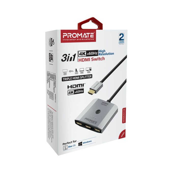 PROMATE 3-in-1 Triple HDMI Switch with 0.5m Cable. Supports 4K@60Hz. Manual Swit