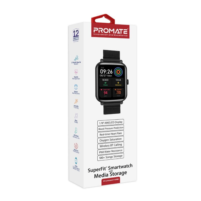 PROMATE IP68 Smart Watch with Fitness Tracker & Media Storage. 1.78" Hi-Res AMOL