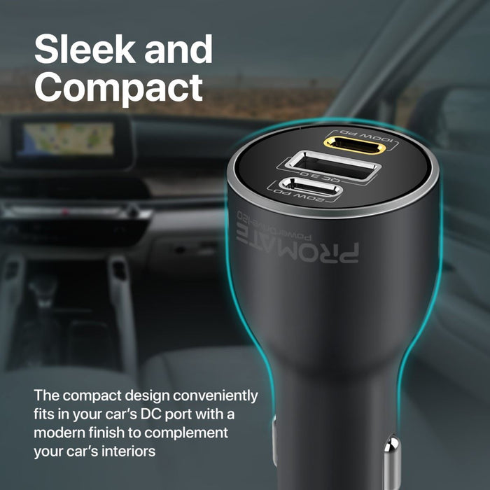 PROMATE 120W PD In-Car Phone, Tablet, Notebook/Macbook Charger. Dual USB-C Ports