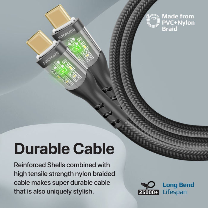 PROMATE 1.2m USB-C to USB-C Cable with Transparent Connectors & LED''s Supports