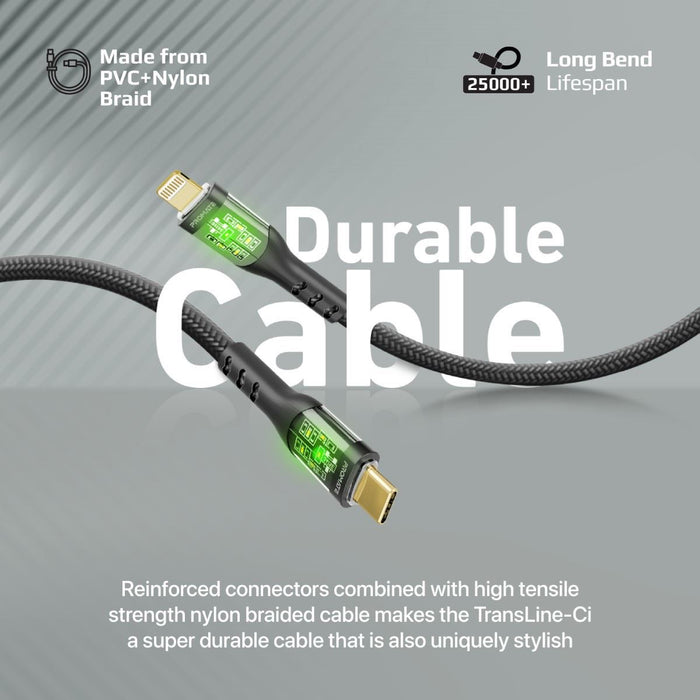 PROMATE 1.2m USB-C to Lightning Cable with Transparent Connectors & LED''s. Supp