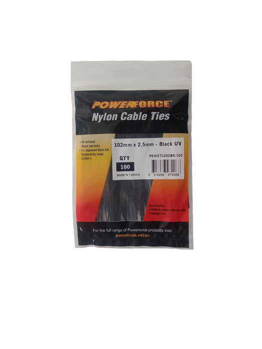 POWERFORCE Cable Tie Black UV 102mm x 2.5mm Weather Resistant Nylon. Pack of 100