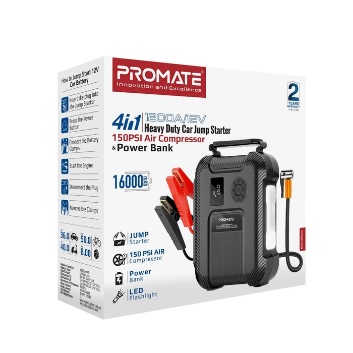 PROMATE 4-in-1 1200A/12V Heavy Duty Car Jump Starter & Air Compressor. 16000mAh - LX2001 - Homewares, Outdoor, Phone Accessories, Cases, Speakers, Headphones + More -