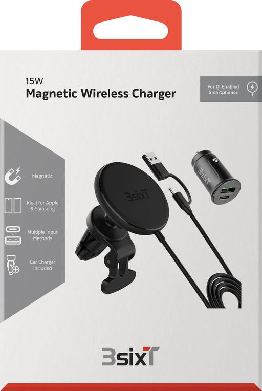 3sixT Magnetic Qi Wireless Charging Car Vent Mount 15W w Charger - Black - LX2001 - Homewares, Outdoor, Phone Accessories, Cases, Speakers, Headphones + More -