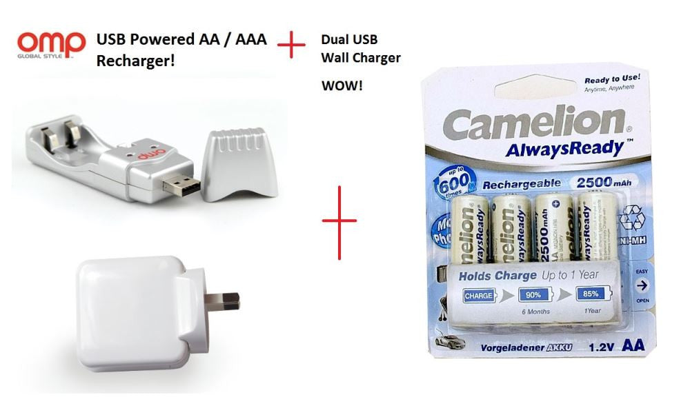 OMP AA USB BATTERY CHARGER Kit + 4PK 2500mAh