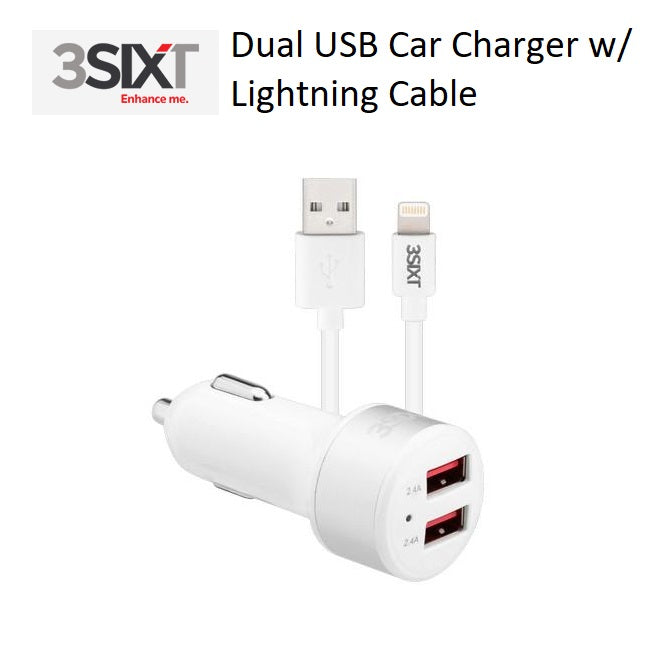 3SIXT Dual USB FAST Car Charger 4.8A w/ 1m Lightning Cable - White 3S-1022 9318018127734