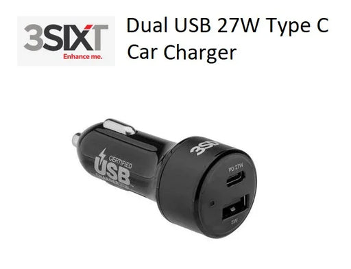 3SIXT Dual USB SUPER-FAST Car Charger 27W USB-C PD - Black 3S-1031 9318018127826 - LX2001 - Homewares, Outdoor, Phone Accessories, Cases, Speakers, Headphones + More -