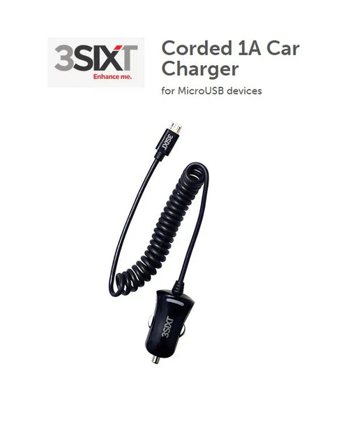 3SIXT Micro USB Corded Car Charger - Black 3S-0111 - LX2001 - Homewares, Outdoor, Phone Accessories, Cases, Speakers, Headphones + More -