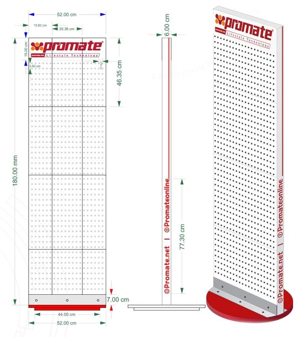 PROMATE Retail Point of Sale Stand. 52 x 180 x 55cm. Incl. 60x Hooks: 15cm. Doub