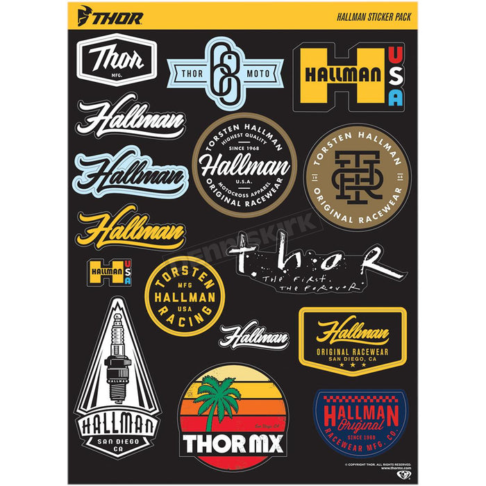 DECAL SHEET THOR MX HALLMAN 16 DECALS IN MULTIPLE COLORS AND SIZE 9 INCH X 13 INCH
