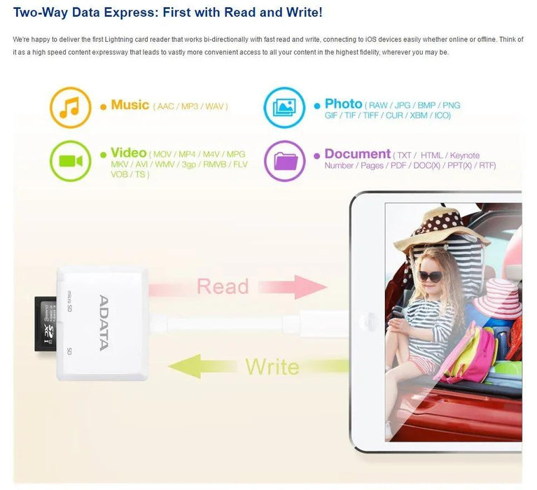 ADATA Lightning Card Reader AMFICRWH - LX2001 - Homewares, Outdoor, Phone Accessories, Cases, Speakers, Headphones + More -