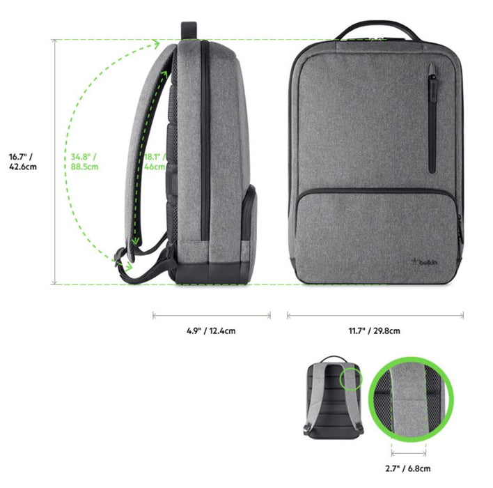 Belkin 15.6" Classic Pro Backpack Case Sleeve - Grey / Gray F8N900BTBLK