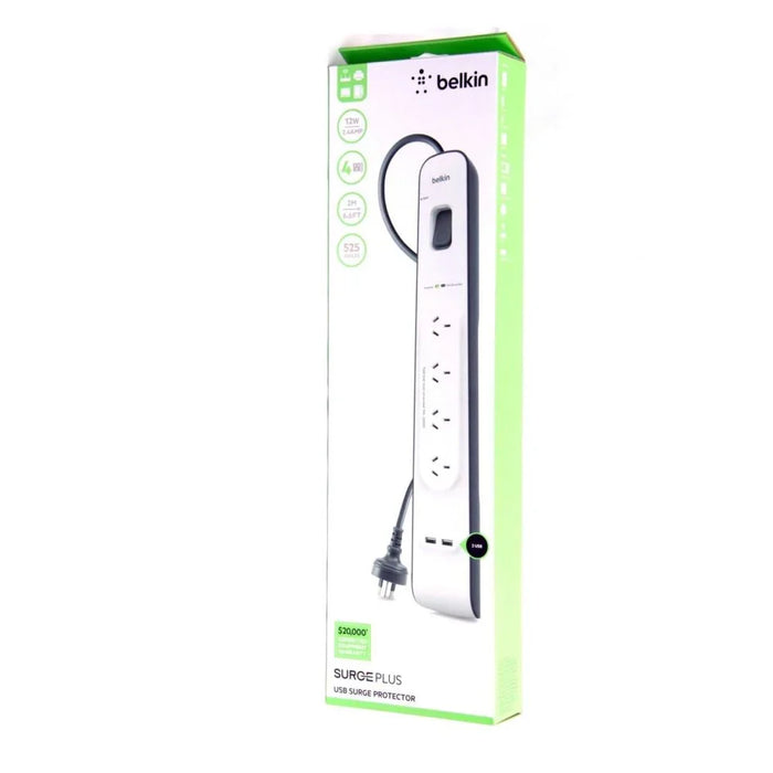 Belkin 4 Outlet 2M Cord w/ 2 USB Ports Power Plug BSV401AU2M - LX2001 - Homewares, Outdoor, Phone Accessories, Cases, Speakers, Headphones + More -