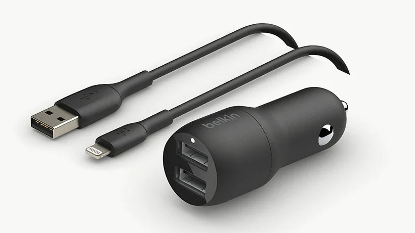 Belkin BoostCharge Dual USB-A Car Charger 24W + Lightning to USB-A Cable CCD001BT1MBK 745883790449 - LX2001 - Homewares, Outdoor, Phone Accessories, Cases, Speakers, Headphones + More -