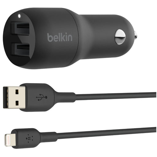Belkin BoostCharge Dual USB-A Car Charger 24W + Lightning to USB-A Cable CCD001BT1MBK 745883790449 - LX2001 - Homewares, Outdoor, Phone Accessories, Cases, Speakers, Headphones + More -