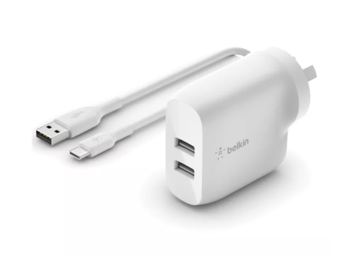 Belkin Dual Wall Charger w/ USB-A to USB-C Cable WCE001AU1MWH 745883793730