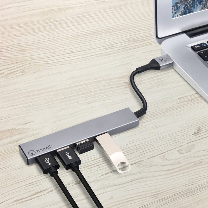Bonelk Long-Life USB-A to 4 Port USB 3.0 Slim Hub - Space Grey ELK-80024-R 9352850003979