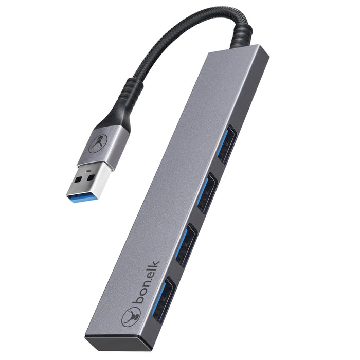 Bonelk Long-Life USB-A to 4 Port USB 3.0 Slim Hub - Space Grey ELK-80024-R 9352850003979
