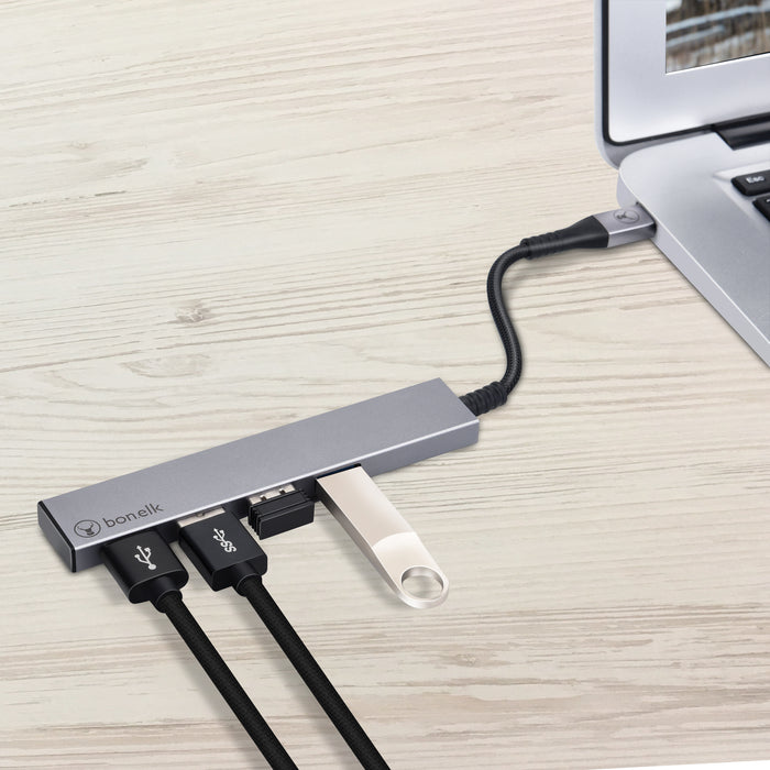 Bonelk Long-Life USB-C to 4 Port USB 3.0 Slim Hub - Space Grey ELK-80022-R 9352850003955