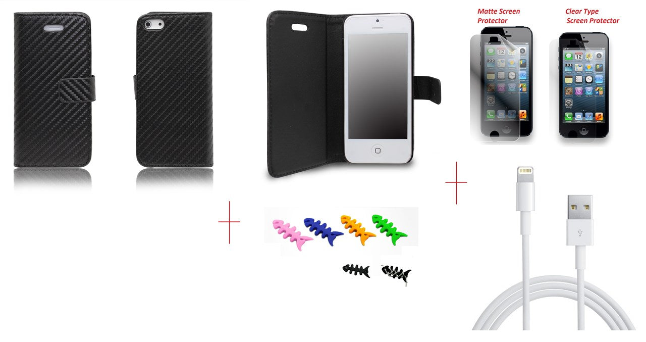 Iphone 5 Carbon Fibre Leather + SP + USB PC Cable