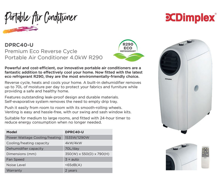 Dimplex Premium Eco Reverse Cycle Portable Air Conditioner Dehumidifier 4.0kW R290 DPRC40-U