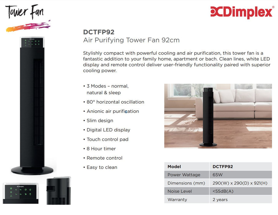Dimplex Air Purifying Tower Fan 92cm