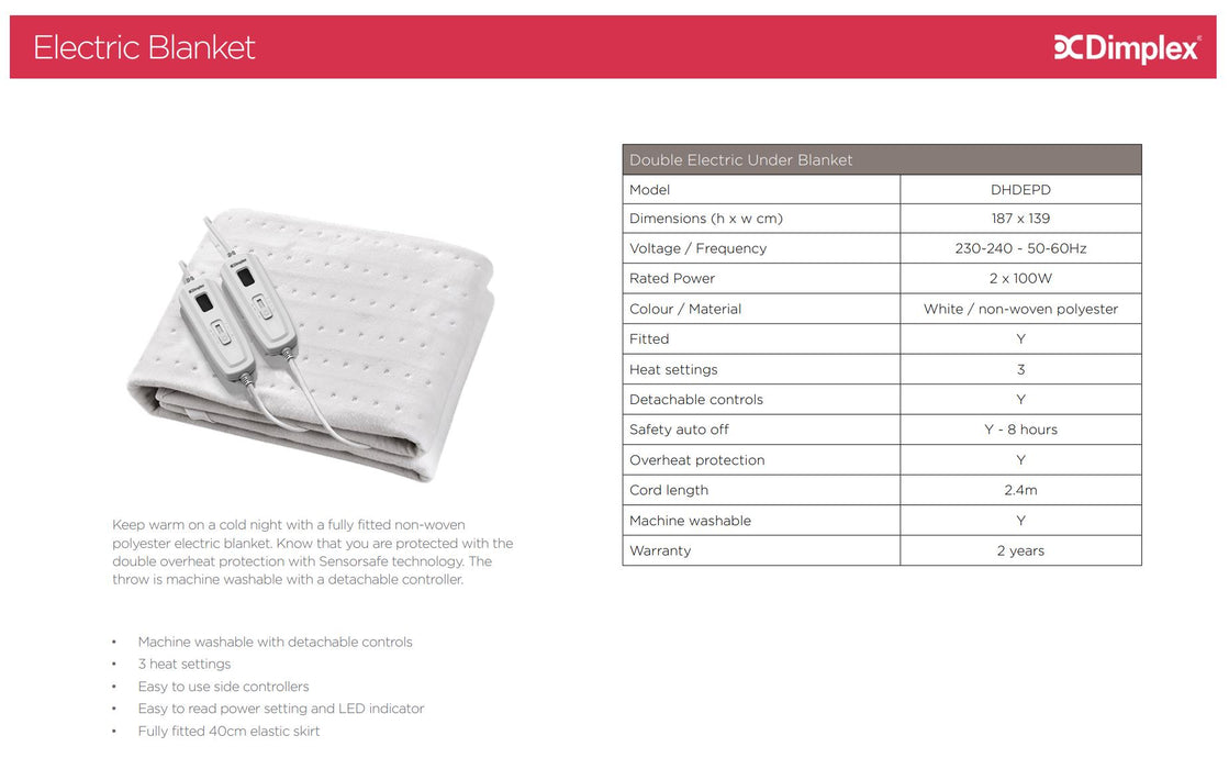 Dimplex Double Fitted Electric Blanket DHDEPD