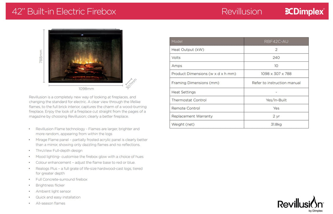 Dimplex Revillusion 42" Electric Firebox Fireplace RBF42C-AU