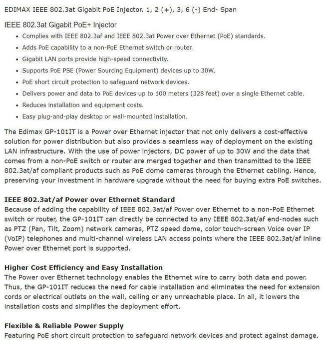 EDIMAX IEEE 802.3at Gigabit PoE GP-101IT - LX2001 - Homewares, Outdoor, Phone Accessories, Cases, Speakers, Headphones + More -