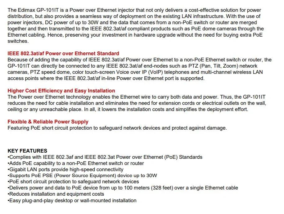 EDIMAX IEEE 802.3at Gigabit PoE GP-101IT - LX2001 - Homewares, Outdoor, Phone Accessories, Cases, Speakers, Headphones + More -