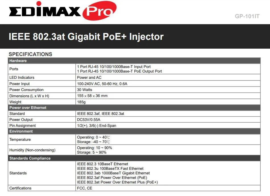 EDIMAX IEEE 802.3at Gigabit PoE GP-101IT - LX2001 - Homewares, Outdoor, Phone Accessories, Cases, Speakers, Headphones + More -