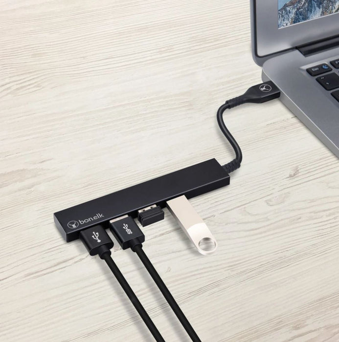 Bonelk Long-Life USB-A to 4 Port USB 3.0 Slim Hub (Black)