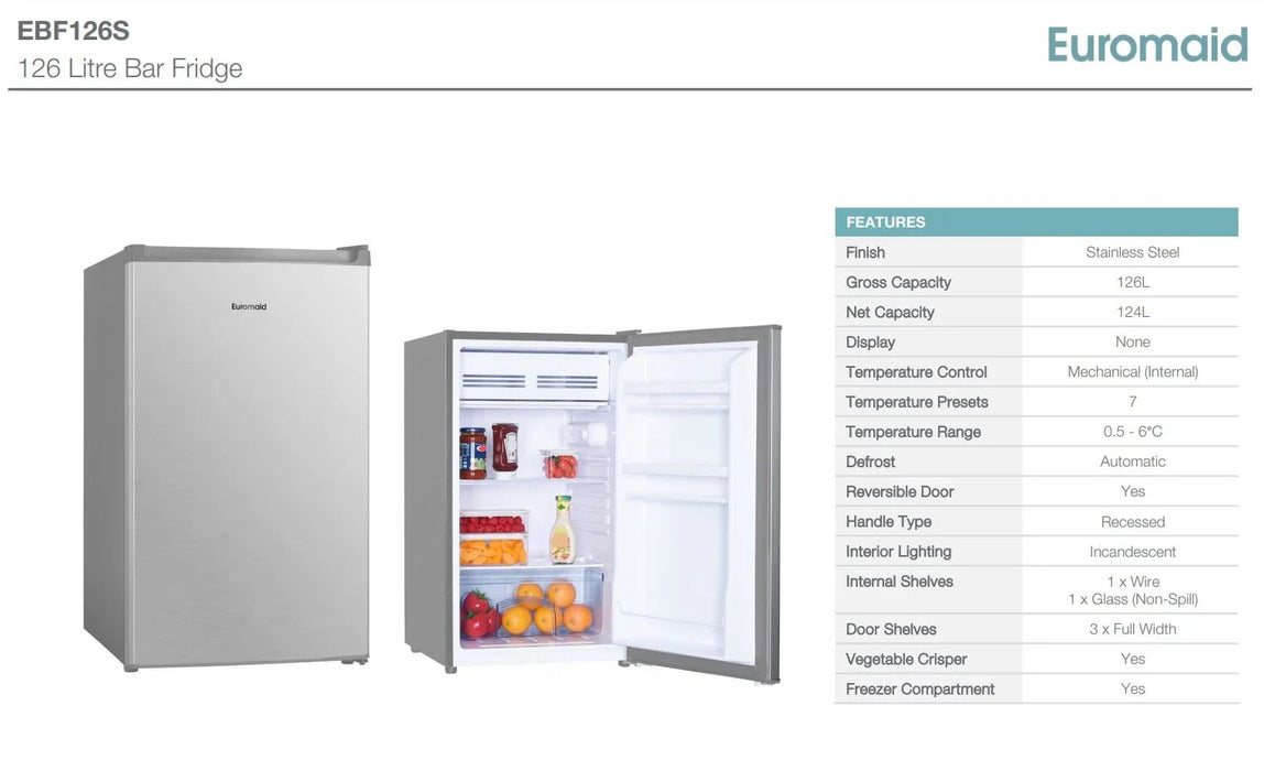 Euromaid 126 Litre Bar Fridge - Stainless - LX2001 - Homewares, Outdoor, Phone Accessories, Cases, Speakers, Headphones + More -