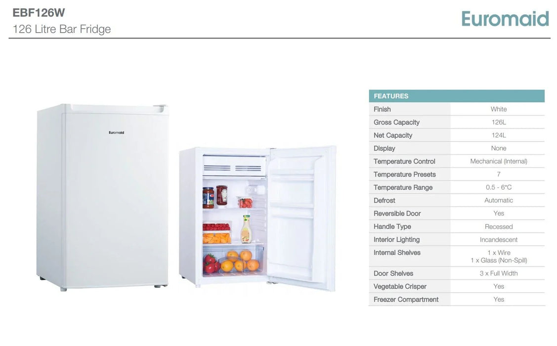 Euromaid 126 Litre Bar Fridge - White - LX2001 - Homewares, Outdoor, Phone Accessories, Cases, Speakers, Headphones + More -