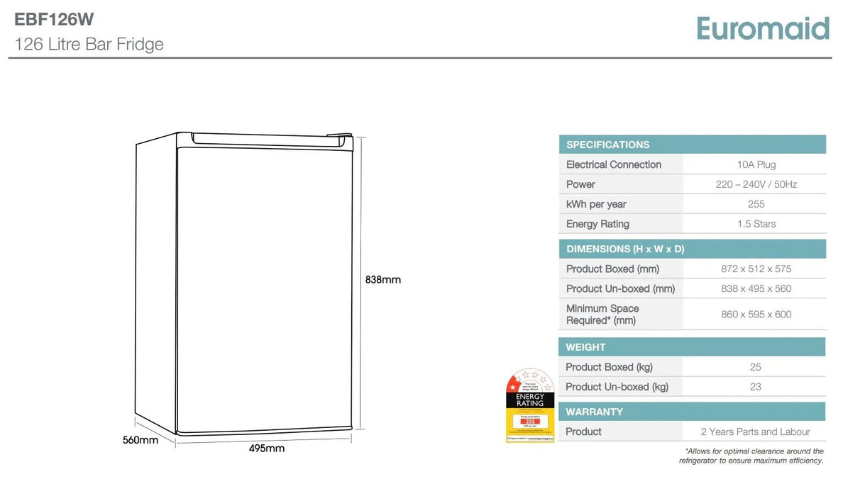 Euromaid 126 Litre Bar Fridge - White - LX2001 - Homewares, Outdoor, Phone Accessories, Cases, Speakers, Headphones + More -