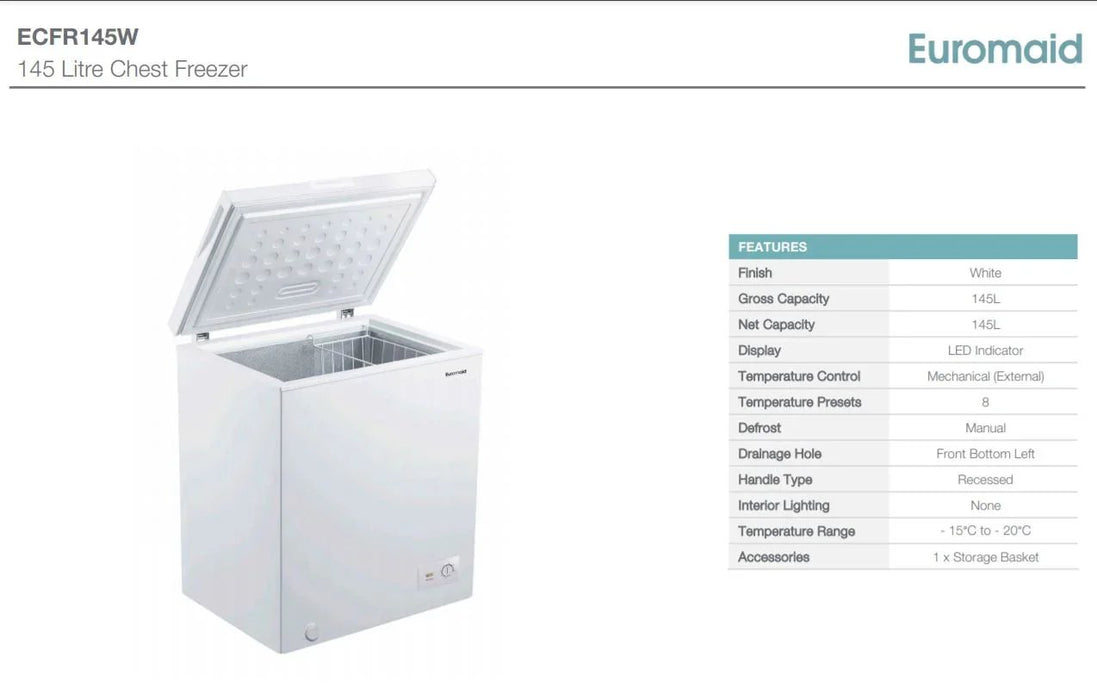 Euromaid 145 Litre Chest Freezer ECFR145W - LX2001 - Homewares, Outdoor, Phone Accessories, Cases, Speakers, Headphones + More -