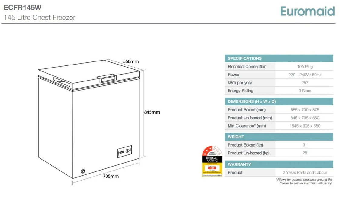 Euromaid 145 Litre Chest Freezer ECFR145W - LX2001 - Homewares, Outdoor, Phone Accessories, Cases, Speakers, Headphones + More -